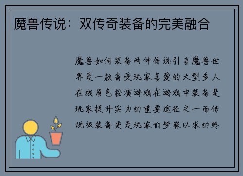 魔兽传说：双传奇装备的完美融合