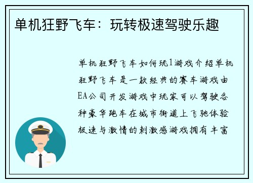 单机狂野飞车：玩转极速驾驶乐趣